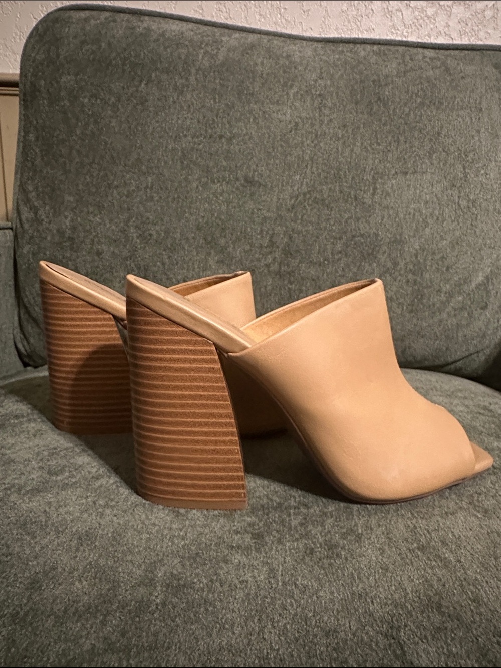 Qupid Tan Peep-Toe Block Heel Mules - Picture 5 of 9